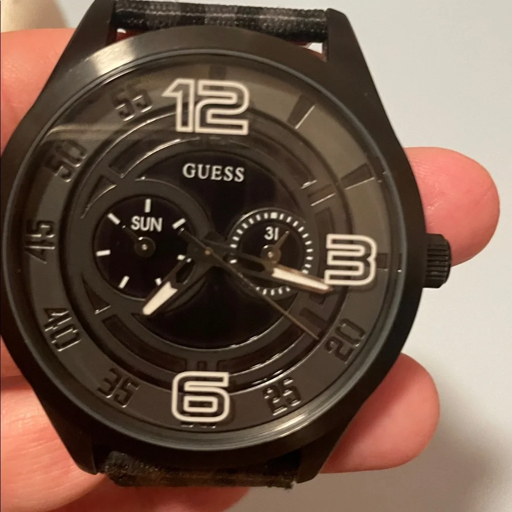 Guess Black Dial Day Date Watch Water Resistant Stainless Steel